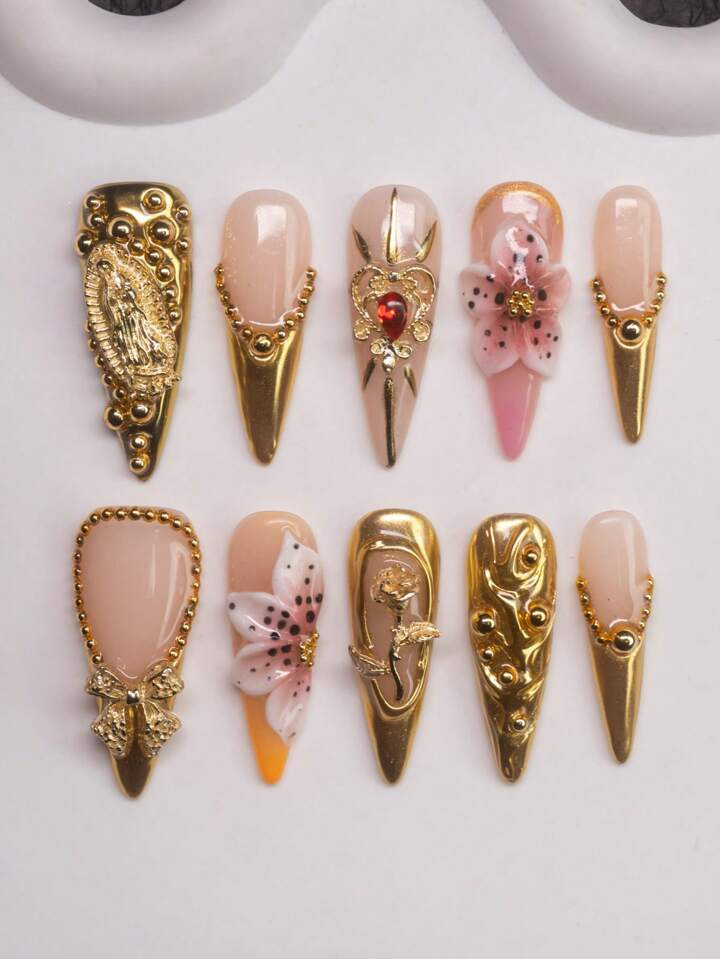 Spring & Summer Handmade Almond-Shaped Y2K Manicure, Nude & Gold Color Nail Tips With Asymmetrical Metallic Liquid Pattern, Handcrafted Embellished With Flowers, Beads, Bows, Holy Cross, Heart Designs, Suitable For Women & Girls, Party, Daily Wear, 10pcs/Pack In 3 Sizes, Comes With Accessory Kit, Great Gift Idea. | SHEIN