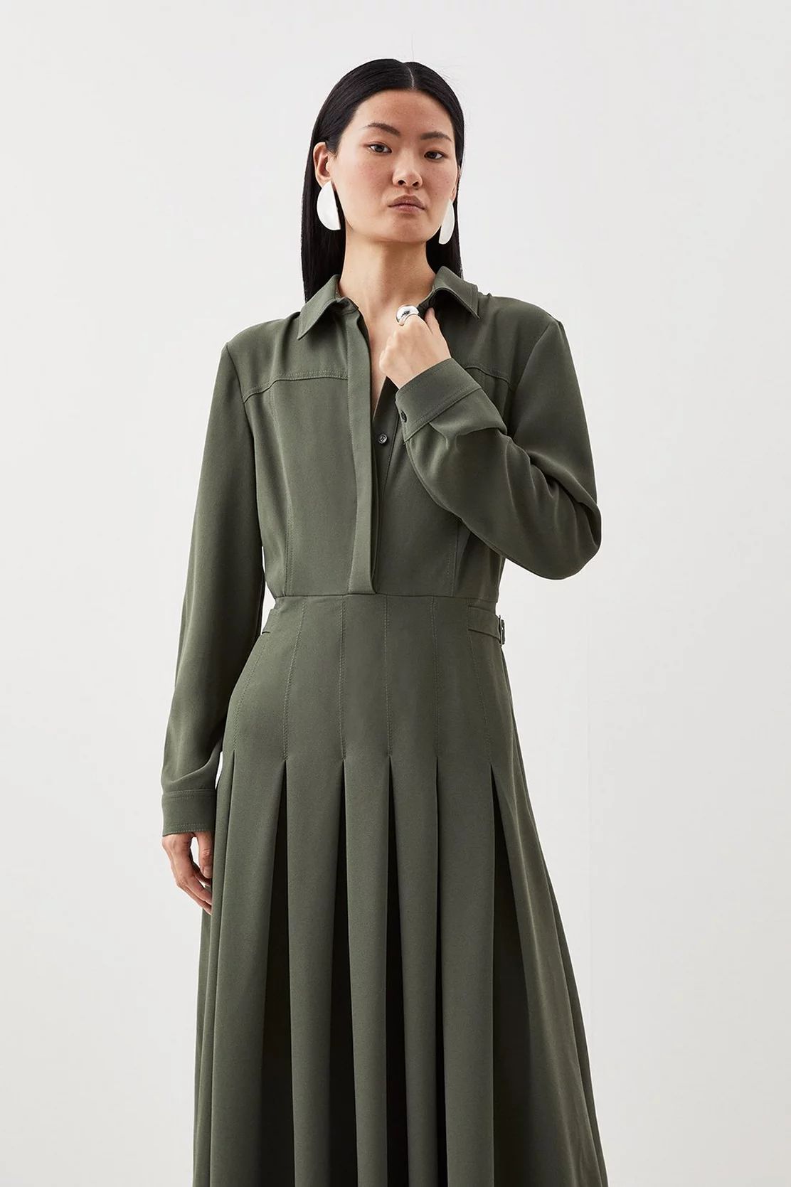 Tailored Crepe Pleated Midi Shirt Dress | Karen Millen US