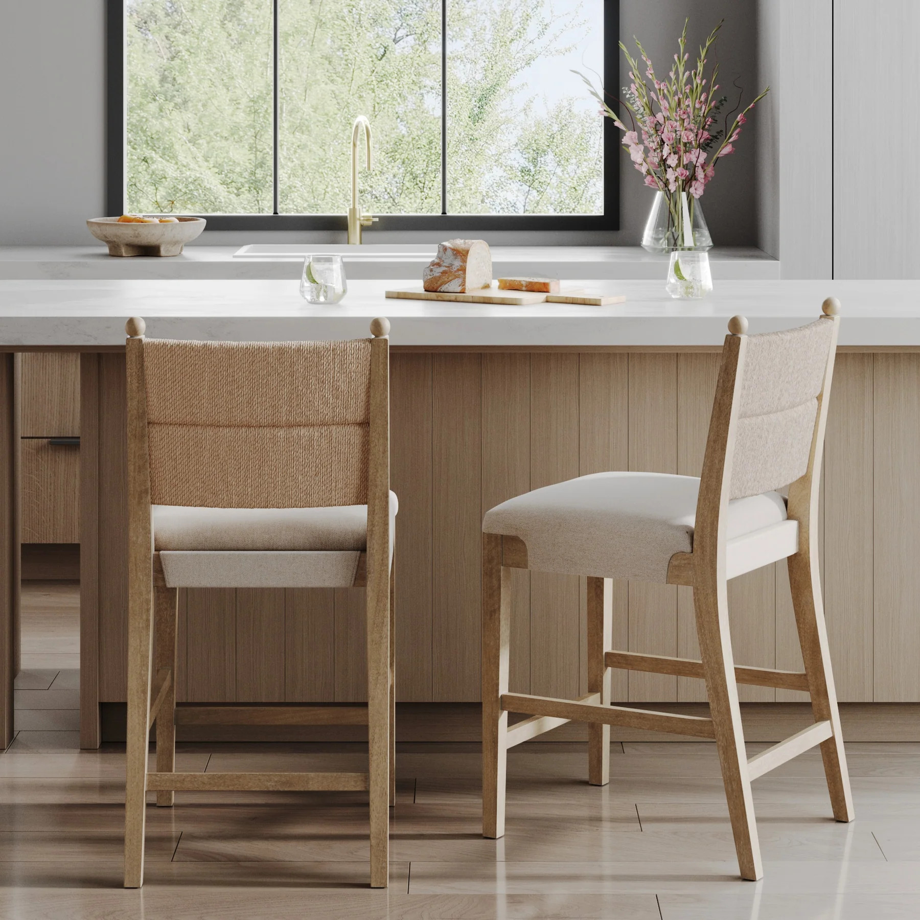 Seagrass & Wood Counter Height Bar Stool Light Brown (Set of 2) | Nathan James