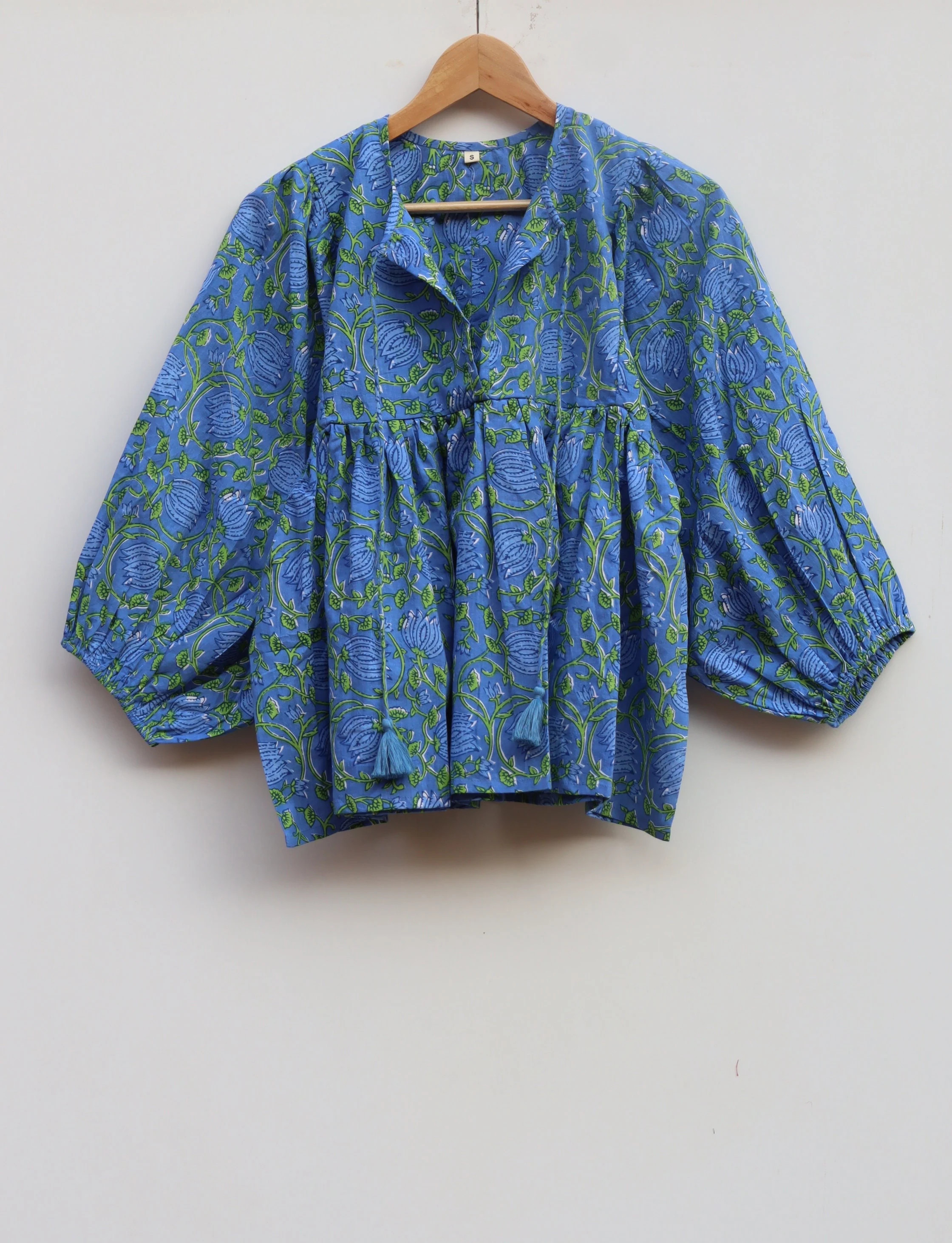 Hand Block Print Cotton Top - Blue Floral Blouse with Long Sleeves | Etsy (Global)