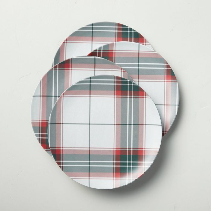 4pk Holiday Plaid Melamine Salad Plate Set Red/Green - Hearth &#38; Hand&#8482; with Magnolia | Target