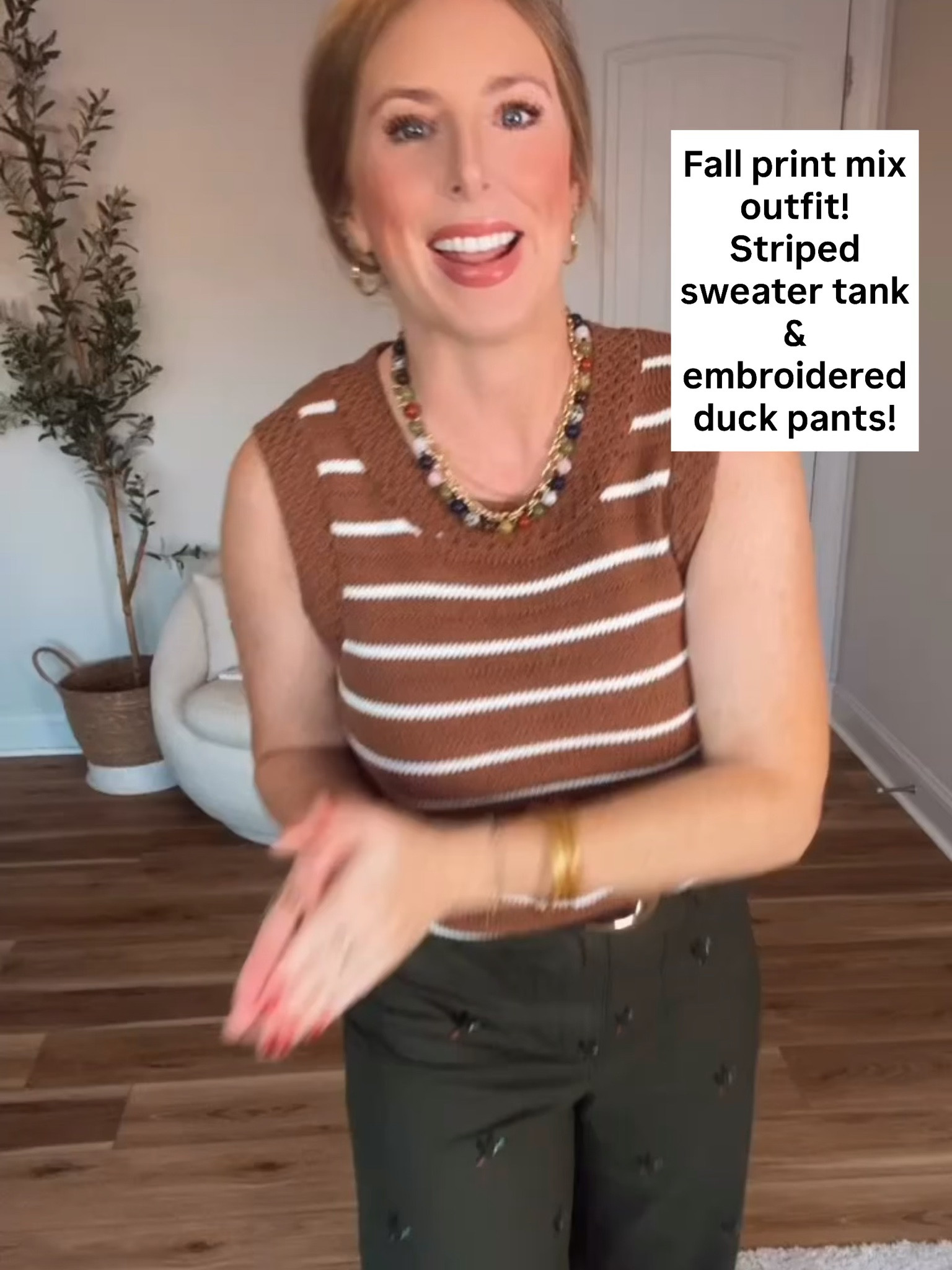 Embroidered duck pants and striped sweater tank from Walmart