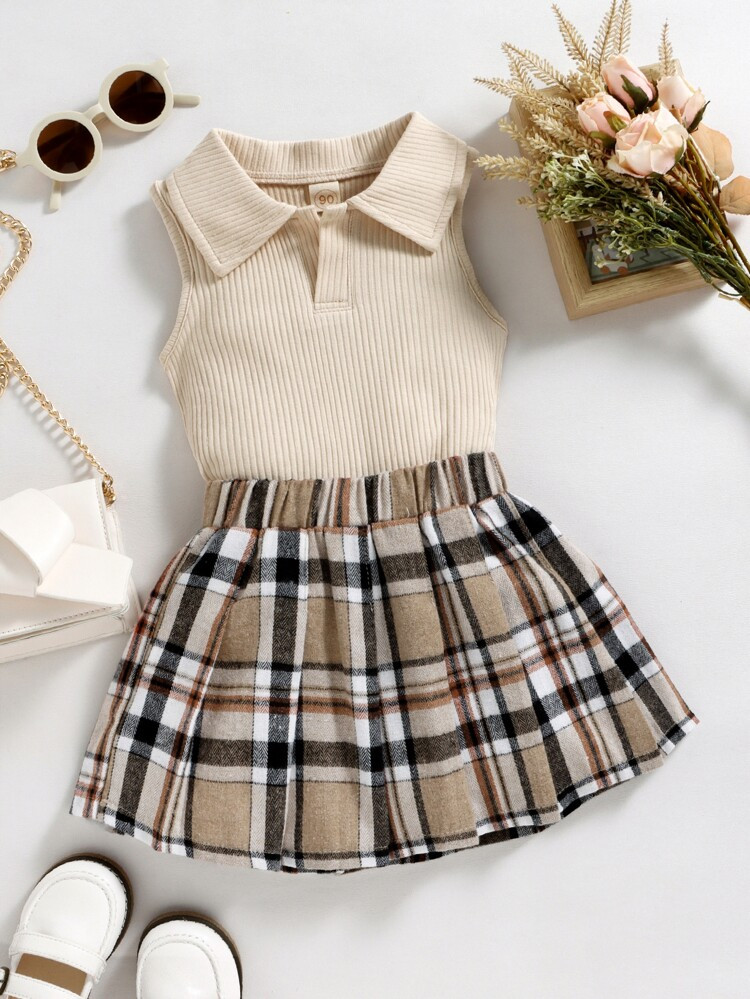 Toddler Girls Ribbed Knit Tank Top & Plaid Pleated Skirt | SHEIN