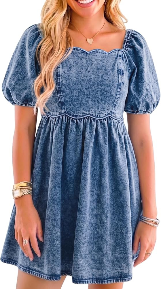 Denim Dress Babydoll Jean Square Neck Puff Sleeve Casual Country Concert Dresses with Pockets for... | Amazon (US)