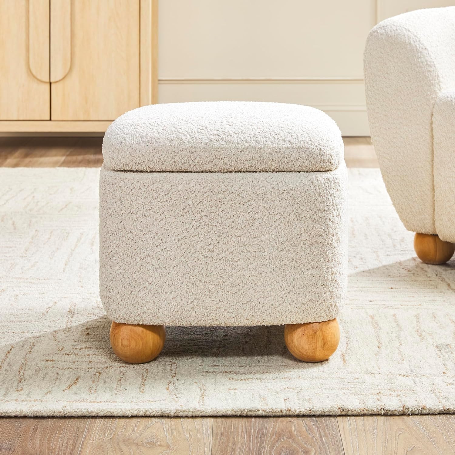 Walker Edison Linley Contemporary Small Storage Bouclé Ottoman with Wood Legs, Ivory | Amazon (US)