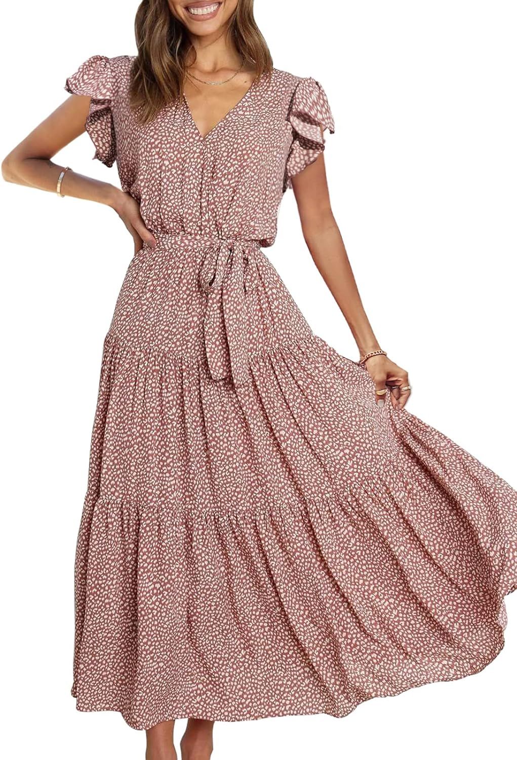 PRETTYGARDEN Women's Summer Floral Maxi Dress Wrap V Neck Short Sleeve Ruffle A Line Belted Flowy... | Amazon (US)
