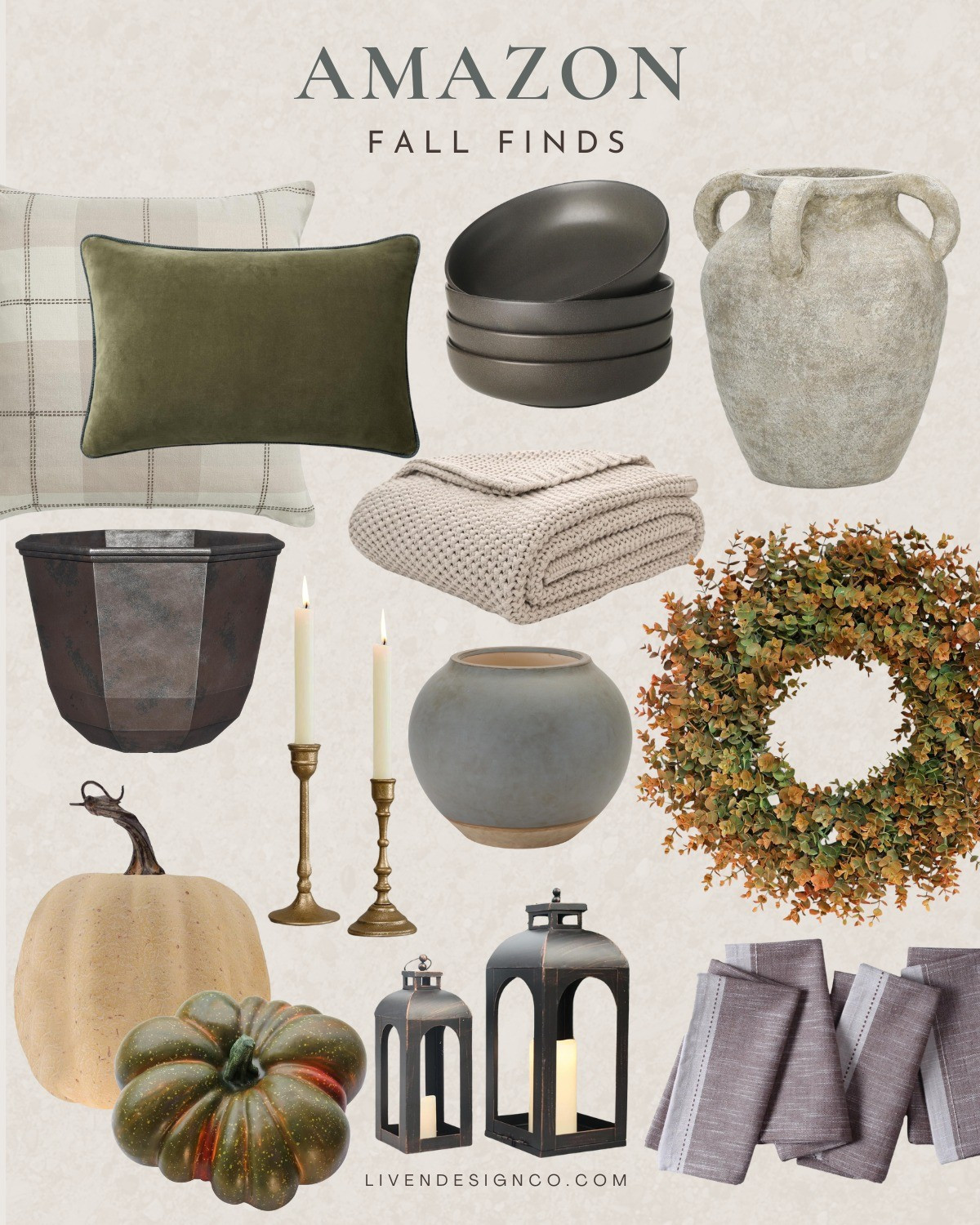 Amazon fall decor. Home decor. Stoneware dinnerware. Throw pillows. Planter. Faux pumpkins. Fall wreath. Vase. Lanterns. Brass candle holders. Throw blanket. Cloth napkins 

#LTKSeasonal #LTKHome #LTKStyleTip