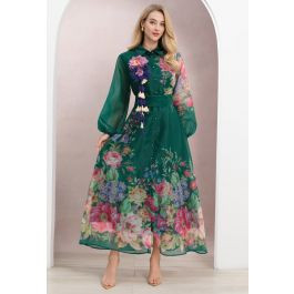 Floral-Kissed Button-Down Organza Maxi Dress with Brooch in Dark Green for Romantic Retreats & Su... | Chicwish