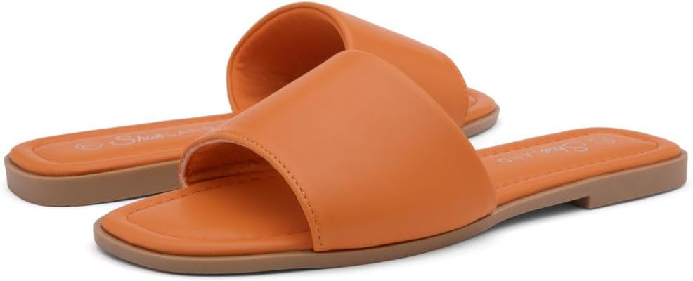 Shoe Land EMMA Women’s Flat Sandals Square Open Toe Single Band Slides Black White Flat Sandals... | Amazon (US)