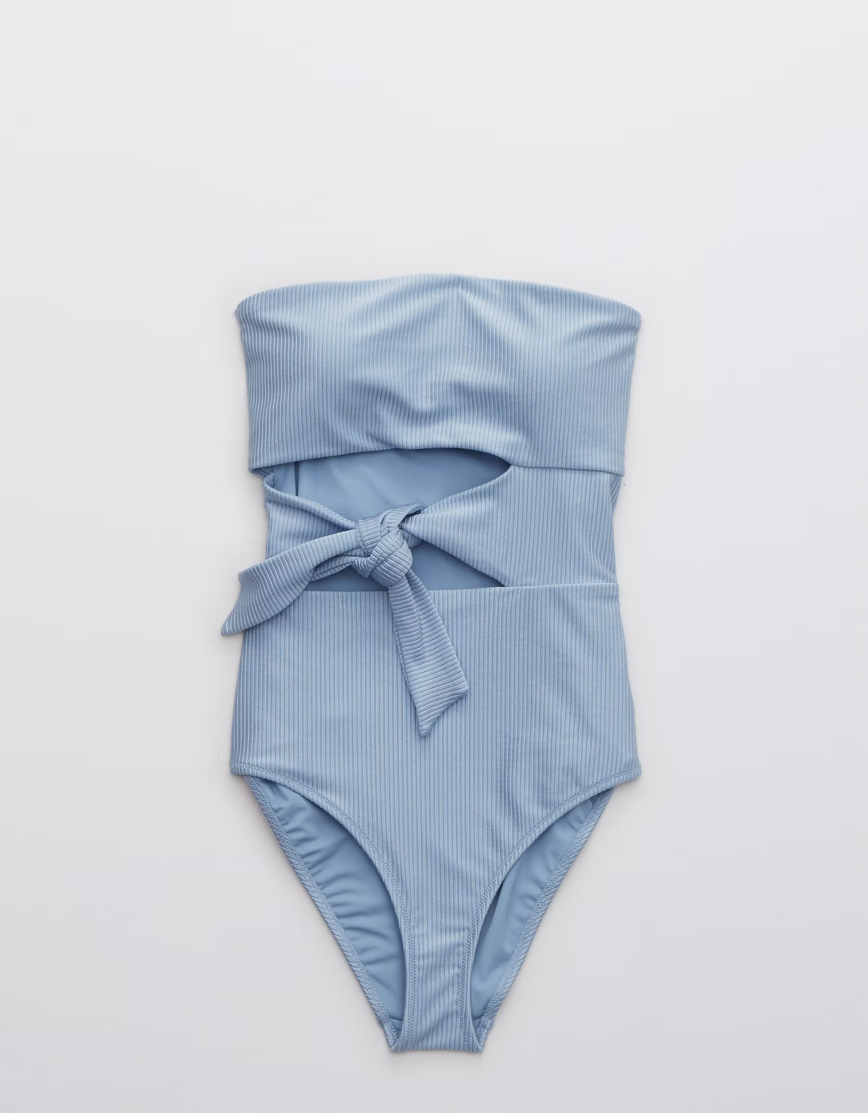 Aerie Ribbed Shine Wrap Bandeau One Piece Swimsuit | American Eagle Outfitters (US & CA)