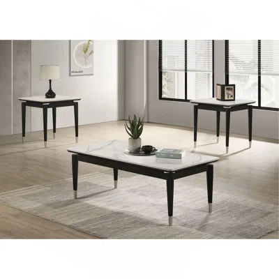Contemporary Style 3Pc Table Set 1X Coffee Table 2X End Table Sintered Stone Top Silver Capped Arrow Legs Black And White Finish | Wayfair North America
