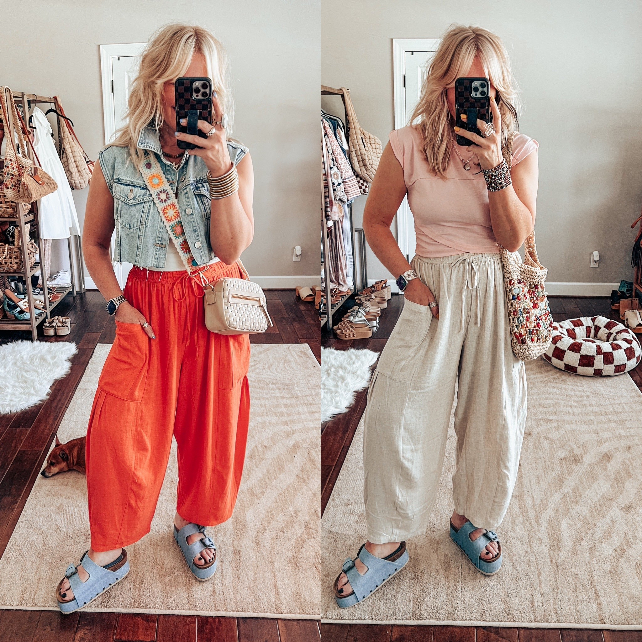 These linen pants are a FP look and so good! They come in other colors too. 
Pants - M
Denim vest - M and older 
Pink top - part of a set and a M
Sandals - true to size 


#LTKOver40 #LTKStyleTip #LTKFindsUnder50