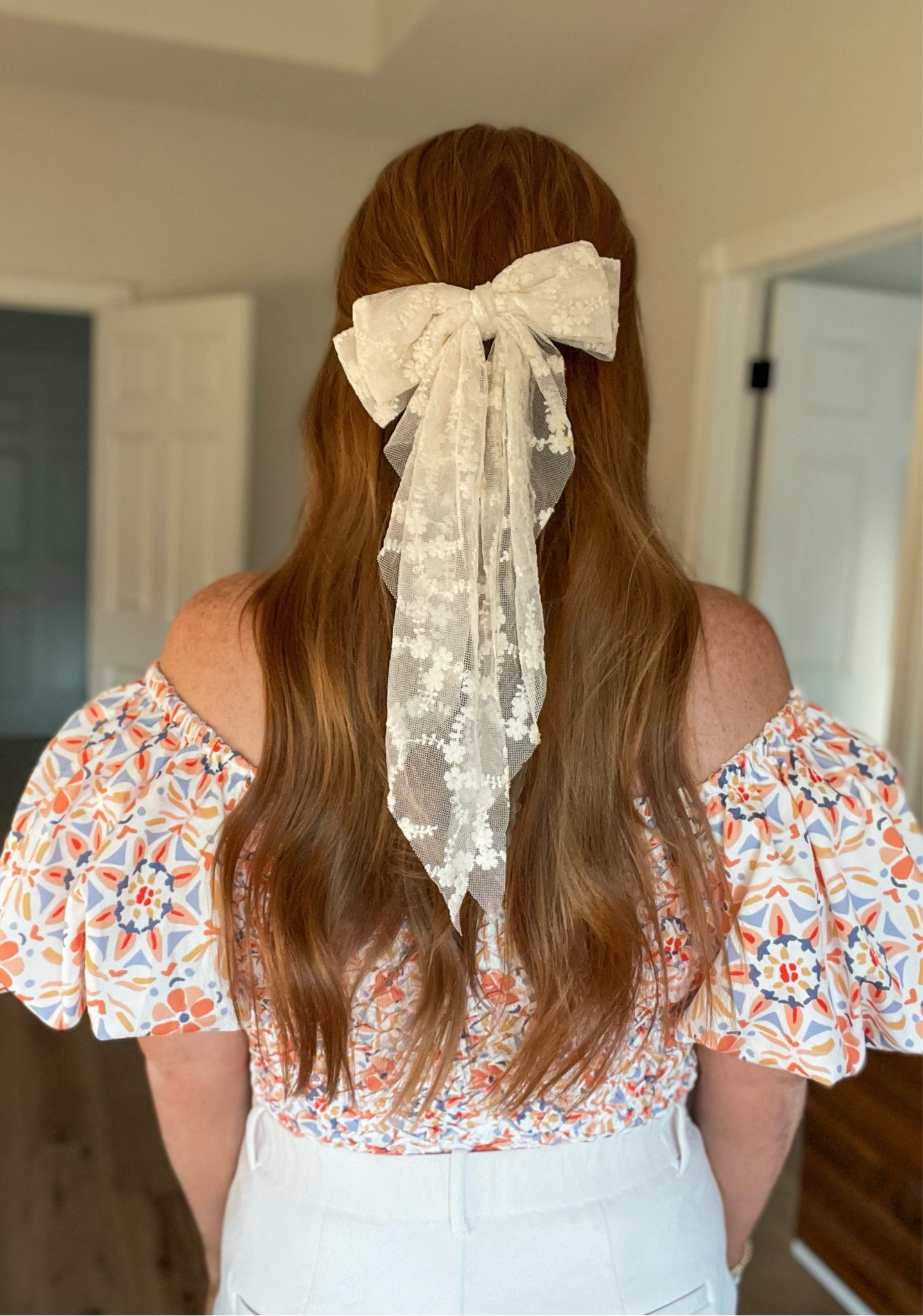 Large fable bow. Ivory bow. Big bow. Lace bow. Redhead. Altr’d State. Anthropologie. Puff sleeve top. Summer outfit. Mom’s Night Out outfit. Family photos. Blue & orange. Bluey colors. #redhead #anthropologie #bow #puffsleeves #redhair 

#LTKFamily