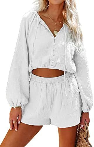 BZB Women's Lounge Sets Button V Neck Long Sleeve Top and High Waist Shorts 2 Piece Pajama Suit C... | Amazon (US)