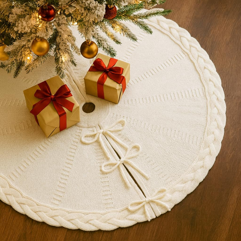 36 Inch White Knitted Christmas Tree Skirt, Chunky Cable Knit with Braided Scalloped Edge, Perfec... | Amazon (US)