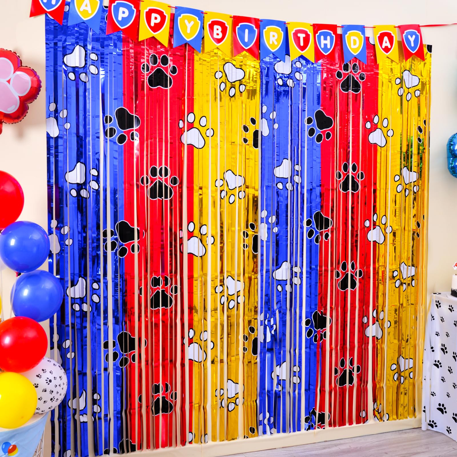 Paw Birthday Decorations, 2 Pack Gold Red and Blue Paw Birthday Party Supplies 3.3 x 6.6ft Tinsel... | Amazon (US)