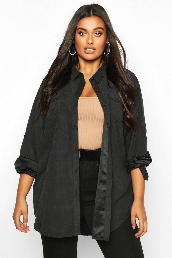 Plus Suedette Pocket Detail Oversized Shirt | Boohoo.com (US & CA)