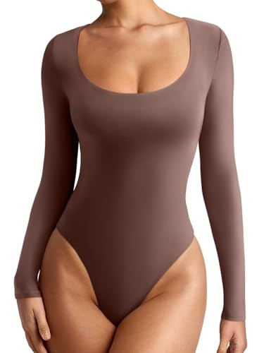 REORIA Womens Basic Sexy Scoop Neck Long Sleeve Leotards Fashion Fall Outfits Double Lined Layering Slim Soft Bodysuits Tops Coffee Large | Amazon (US)