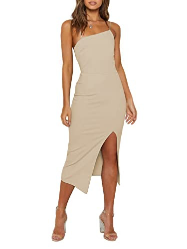 LYANER Women's Spaghetti Straps Split Slit Hem Sleeveless Zipper Bodycon Midi Dress Beige Large | Amazon (US)
