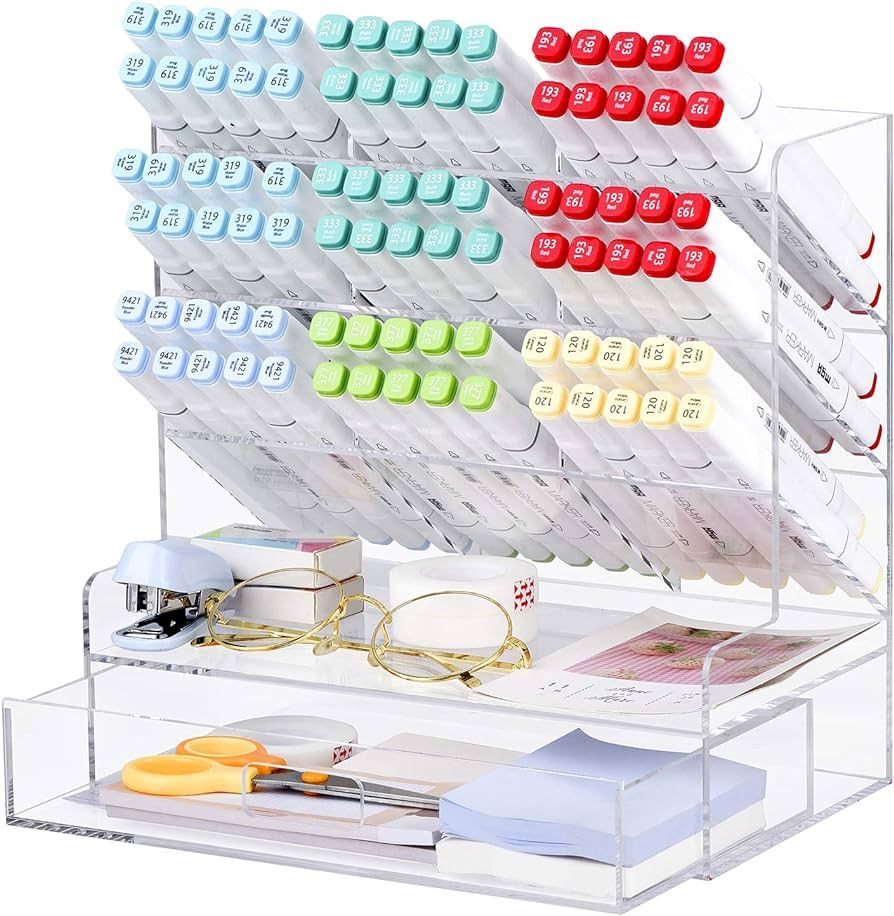 Acrylic Pen Organizer, Multi-Functional Desk Organizer Pen Holder Stationery, Marker Pen Organize... | Amazon (US)