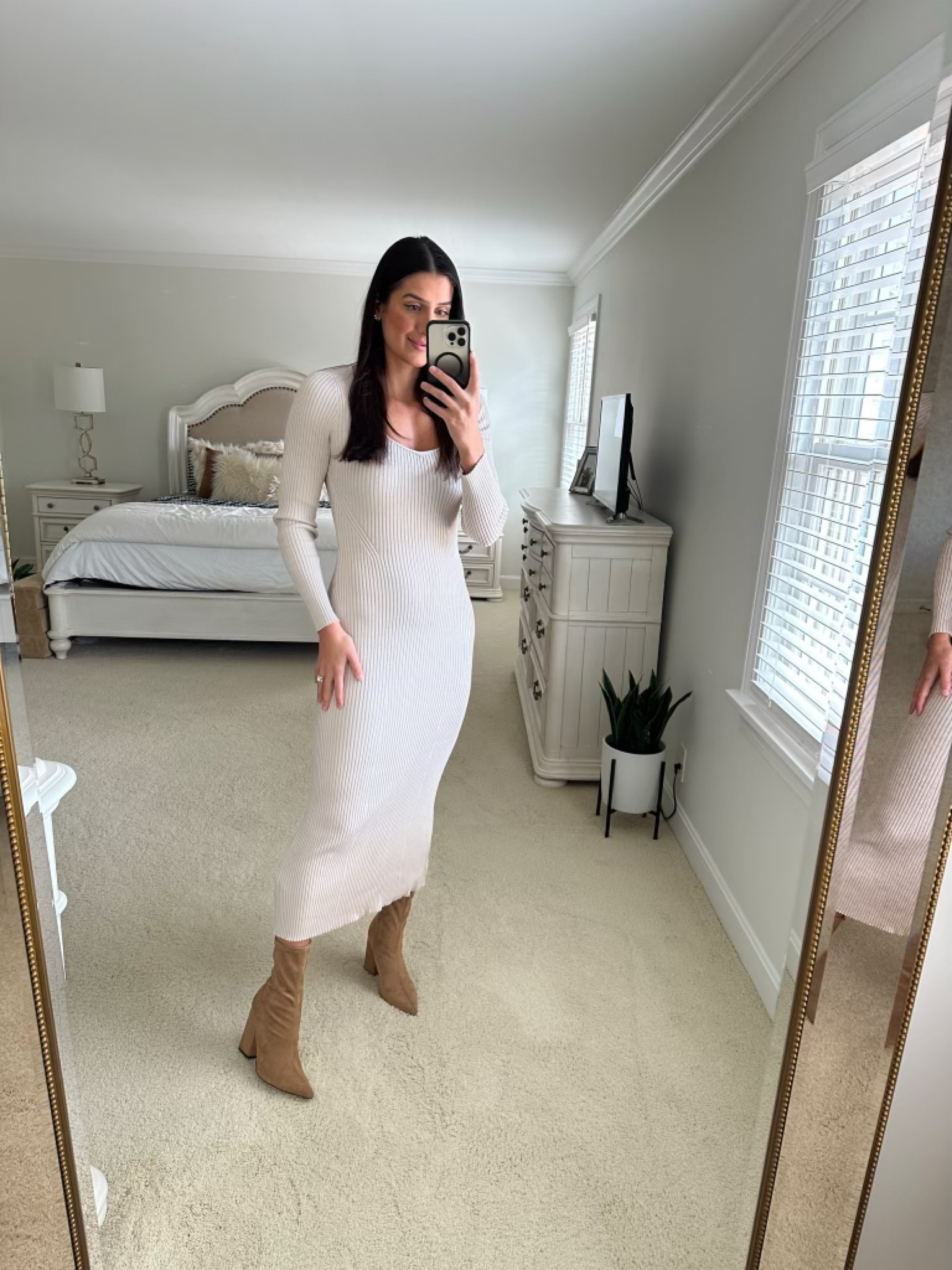 Abercrombie - Abercrombie ribbed sweater dress - ivory sweater dress - long sleeve winter dress - tan boots - winter causal 

#LTKstyletip #LTKSeasonal #LTKshoecrush