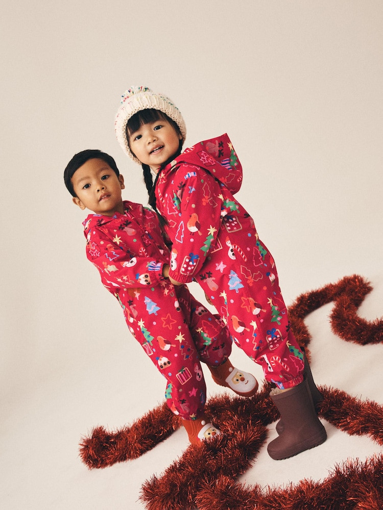Red Christmas Waterproof Fleece Lined Puddlesuit (9mths-7yrs) | Next EU