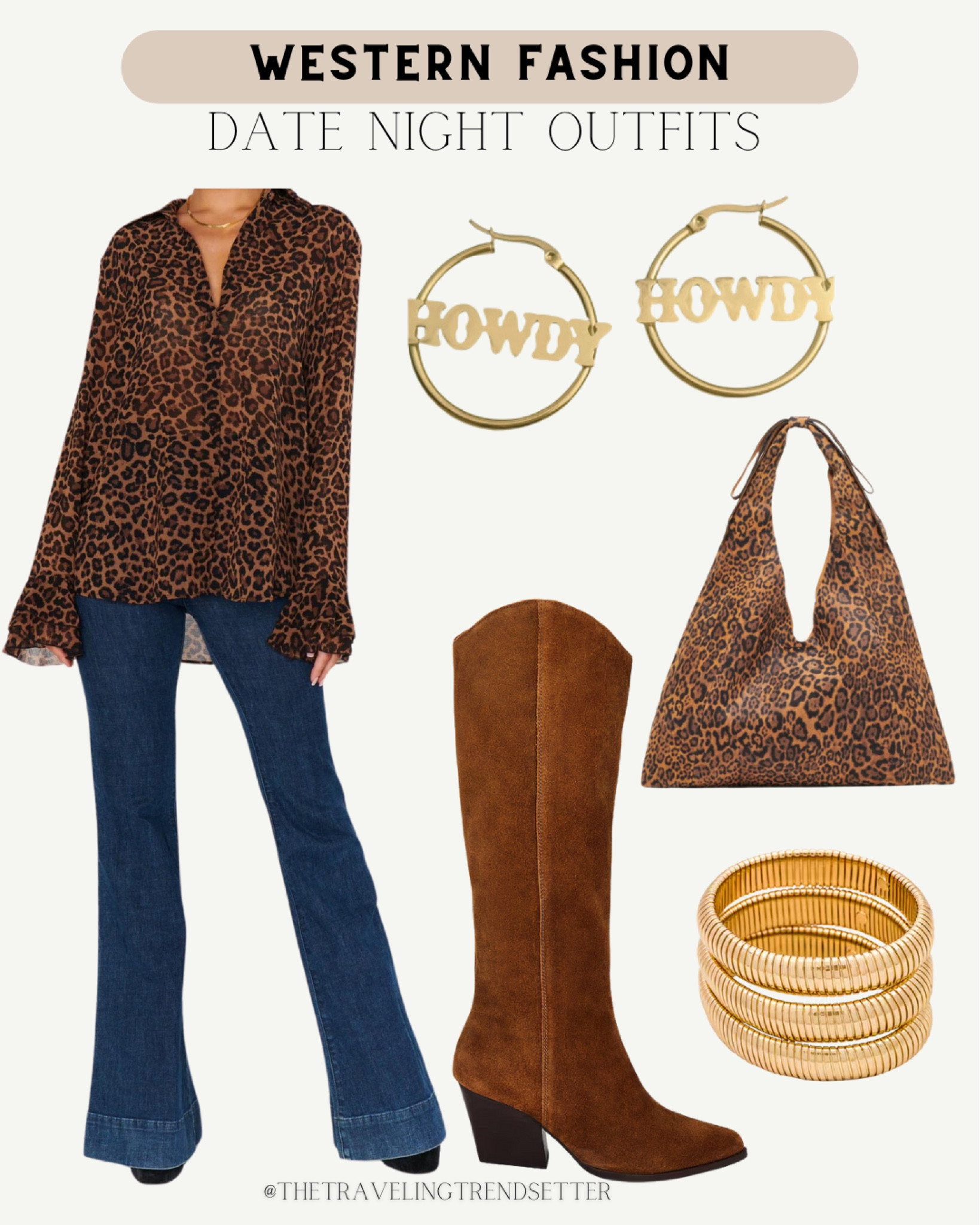 Date night outfit - leopard top and bag - suede brown boots - flared denim- howdy - earrings - outfit ideas 

#LTKFindsUnder100 #LTKWorkwear #LTKStyleTip