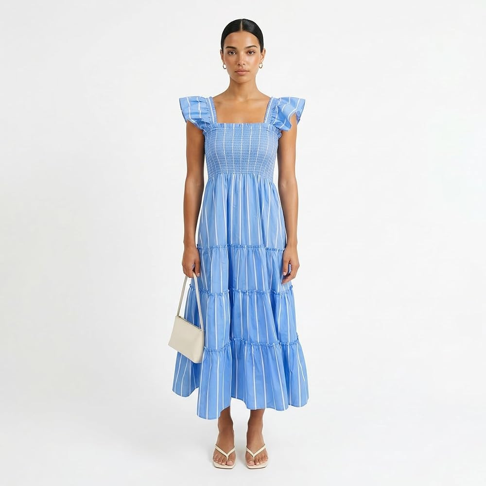 Kinsley + Zoey Women\u2019s 100% Cotton Striped Smocked Midi Dress with Ruffle Straps, Square Neck Tiered Flowy Sundress at Amazon Wome | Amazon (US)
