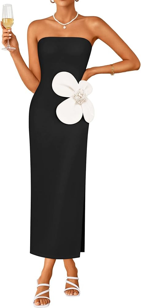 ZESICA Women's Summer Strapless Bodycon Maxi Dress 2026 Ribbed Knit Backless Floral Tube Cocktail... | Amazon (US)