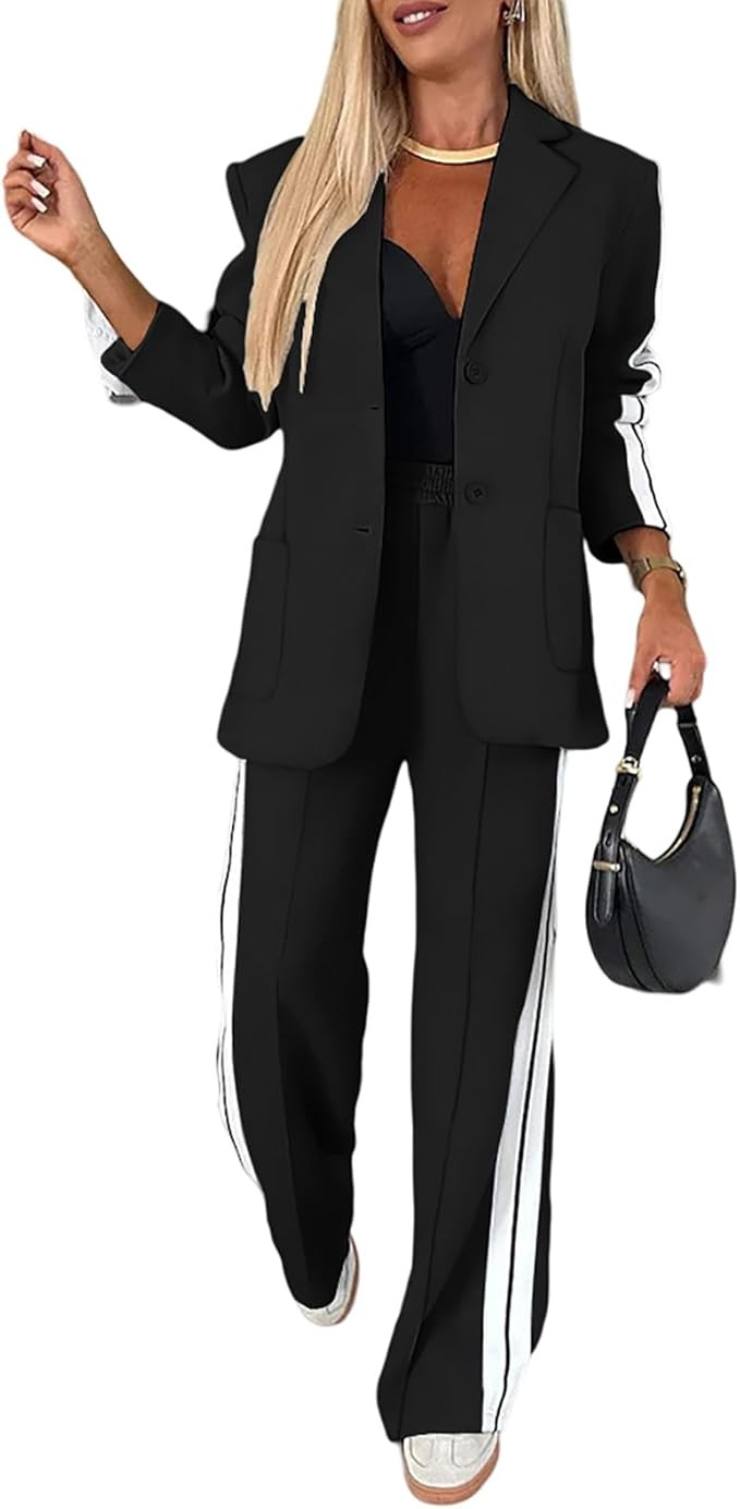 CHICME 2025 Womens Two Piece Outfits Striped Side Button Blazer and Pants with Pockets Sets Busin... | Amazon (US)