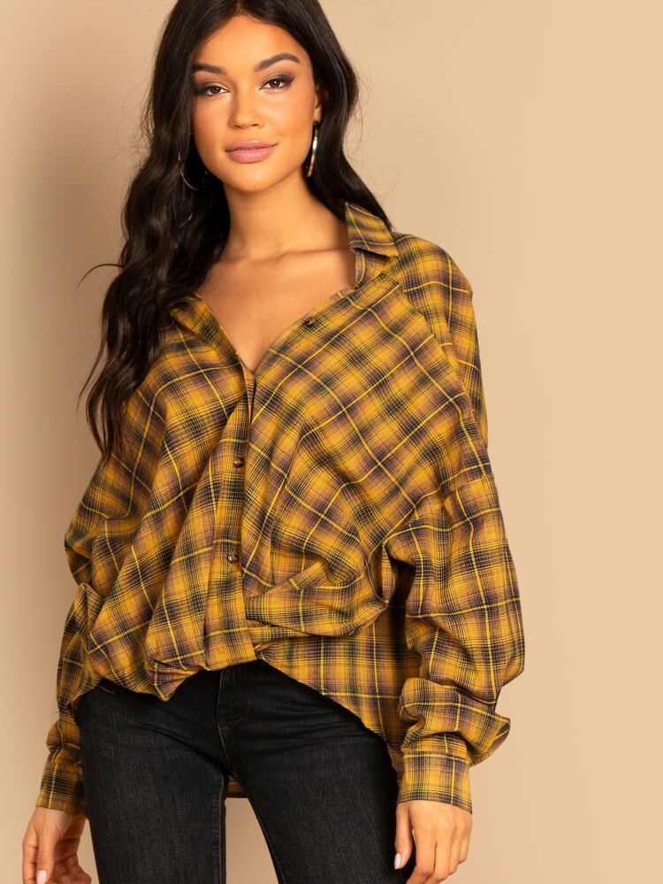 SHEIN Plaid High-Low Oversized Shirt | SHEIN