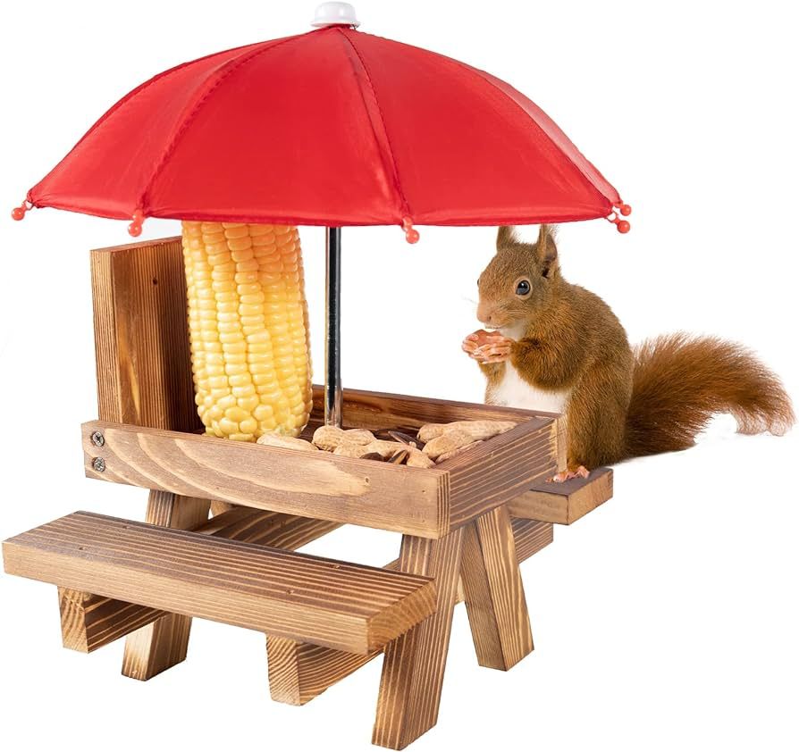 Carbonized Wood Squirrel Feeder with Umbrella - Table Squirrel Feeder drilled to Tree for Squirre... | Amazon (US)
