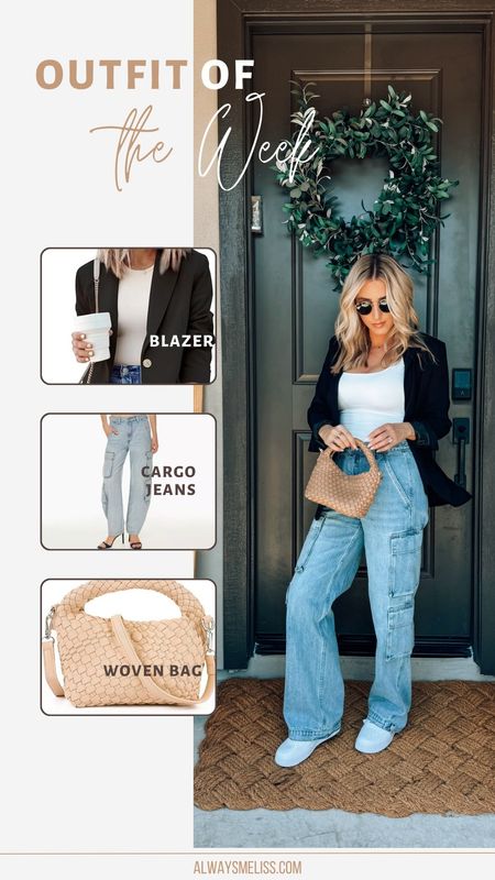 Loving these 90s cargo jeans! Paired with a black blazer from Amazon, simple white tank and woven crossbody bag from Amazon.

#LTKstyletip #LTKitbag
