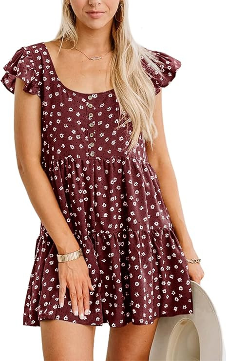 Valphsio Women's Flutter Sleeve Floral Rompers Short Jumpsuit Pleated Mini Dress | Amazon (US)