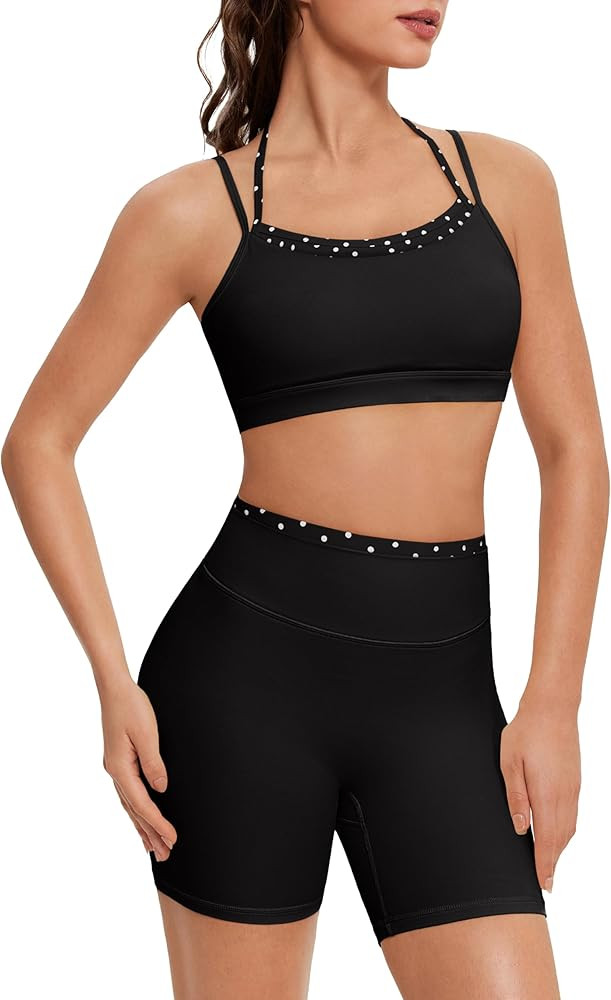 OMKAGI Workout Sets for Women Cute Doubel Layer Open Back Sports Bras Gym Shorts Outfits | Amazon (US)