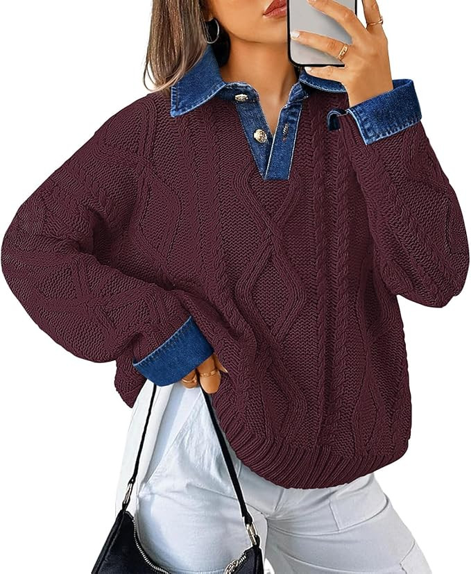 Soesdemo Womens Oversized Cable Knit Sweaters Chunky Long Sleeve Button Up Denim Polo Neck Knit P... | Amazon (US)