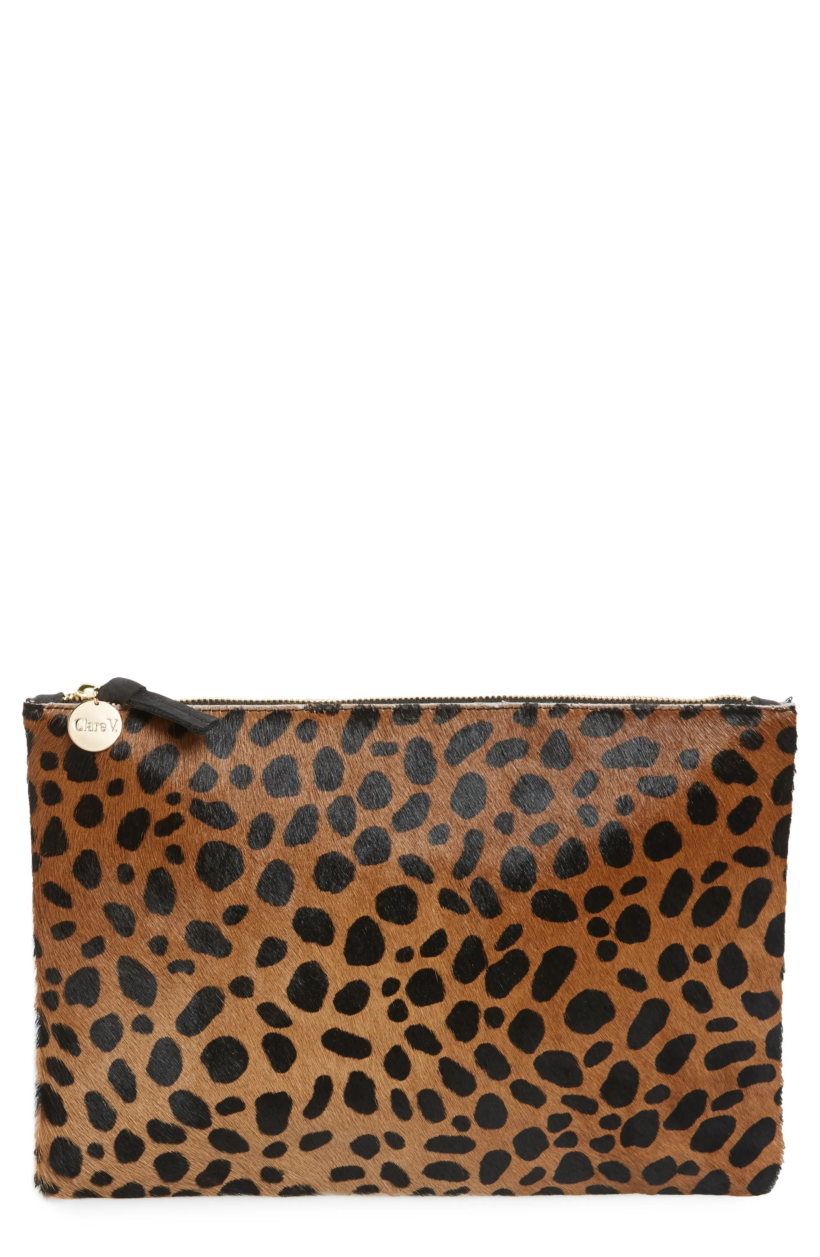 Clare V. Leopard Print Genuine Calf Hair Clutch | Nordstrom