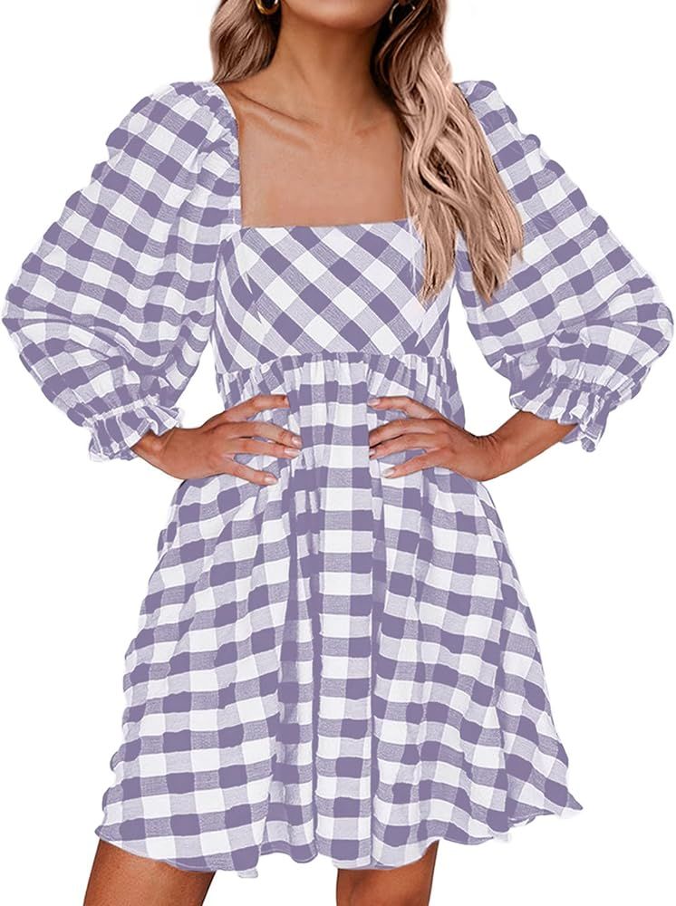 Womens Casual Square Neck 3/4 Puff Sleeve Gingham Plaid Babydoll Dress Plaid Loose Summer Mini Dress with Pockets | Amazon (US)