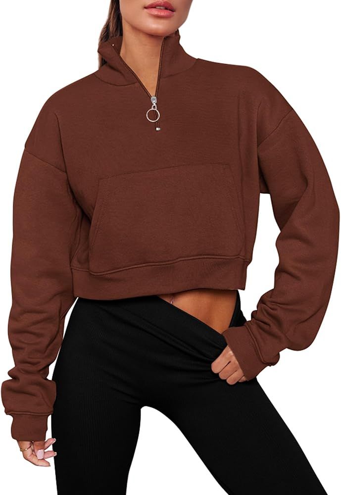 Women's Fall Fashion Zip Up Sweatshirt Casual Long Sleeve Collared Crop Tops Blouse Activewear | Amazon (US)