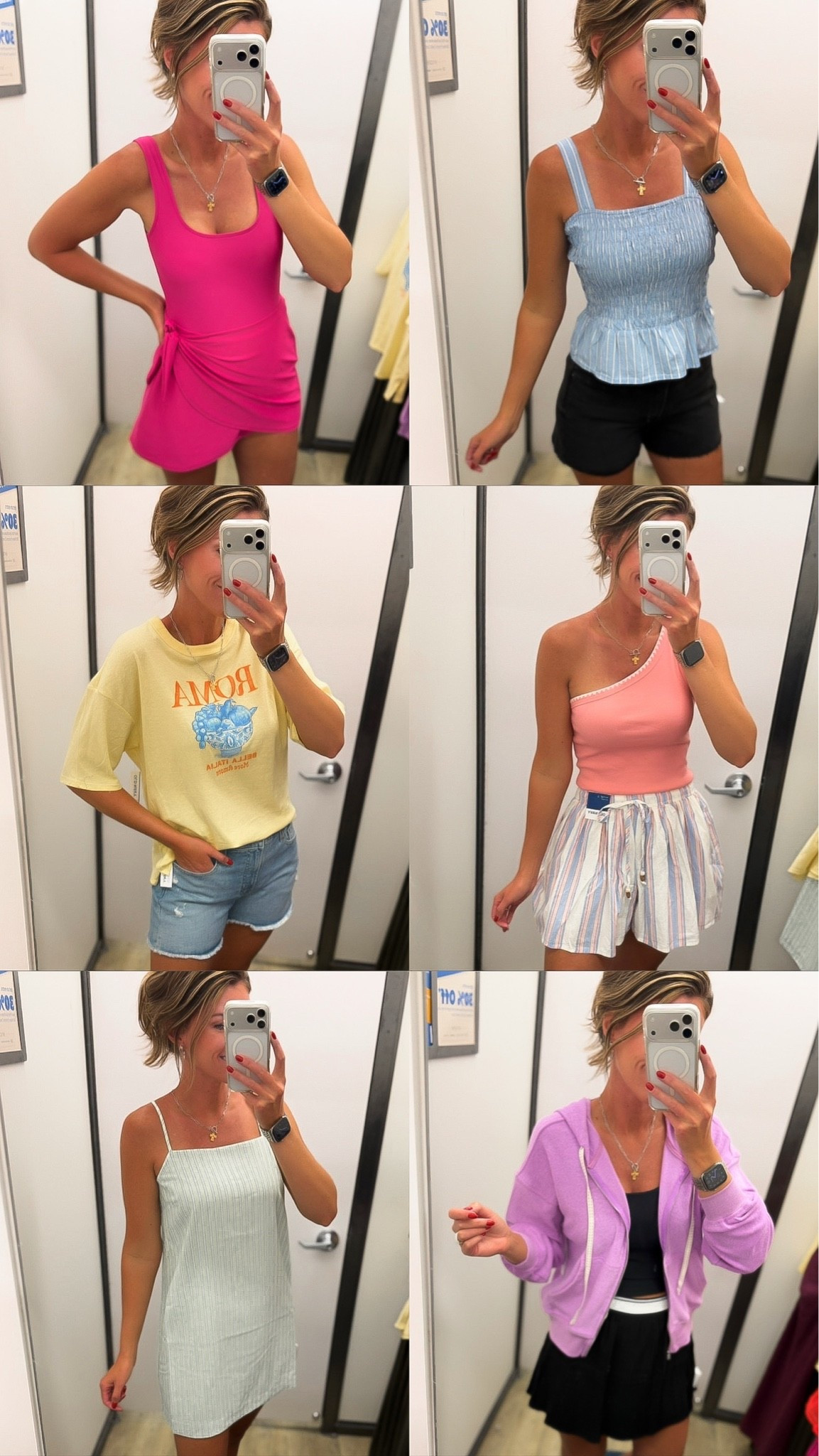 Old Navy 50% off!!!! 
Swim dress/ medium
Shorts/ 8 
Peplum tank / medium (runs small)
Tee/ small 
Green dress/ small 
One shoulder / small 
Striped shorts / medium (would prefer small)
Jacket/ small 
Skort/ medium

#LTKSeasonal #LTKOver40 #LTKActive
