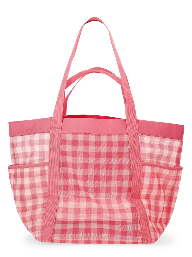 No Boundaries Women's Mesh Tote Bag, Peach Gingham | Walmart (US)