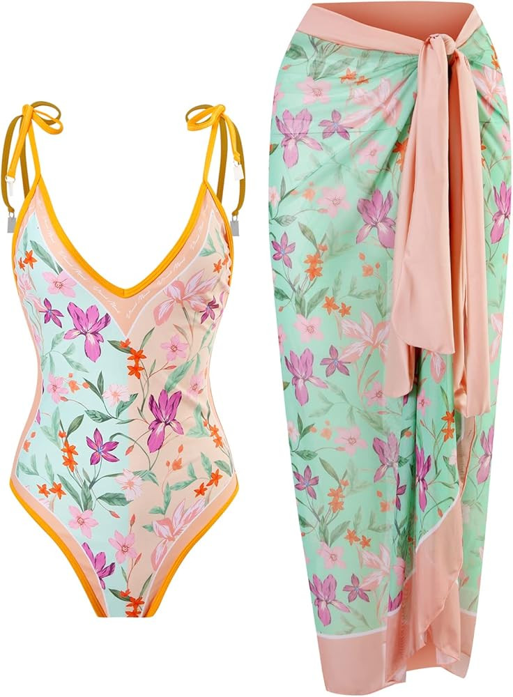 Women Swimwear Two Piece Set Swim Dress Tops Vintage Print Swimsuit Monokini Bikini Set | Amazon (US)