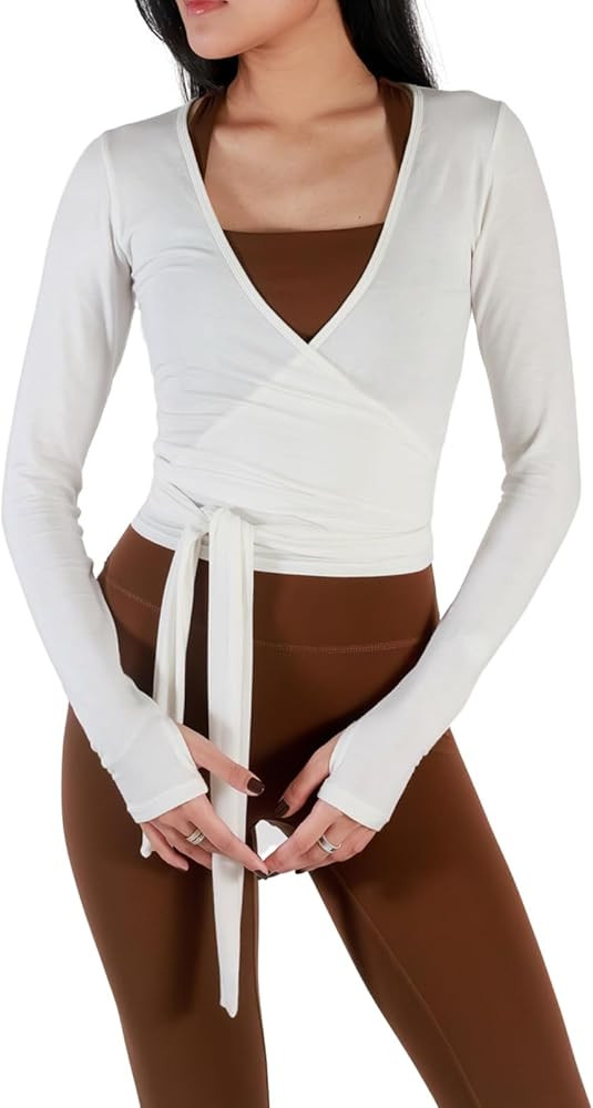 Women's Ballet Wrap Top Long Sleeve Tie Workout Pilates Yoga Wrap Top | Amazon (US)