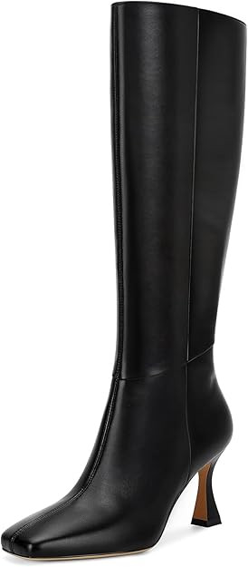 Dsevht Black Leather Knee High Boots for Women Stiletto Kitten Heeled Sexy Boots Square Toe and S... | Amazon (US)