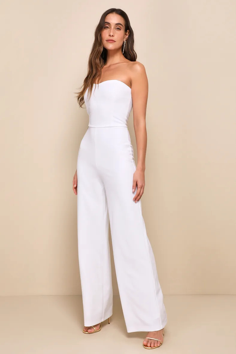Edith White Strapless Wide-Leg Jumpsuit | Lulus