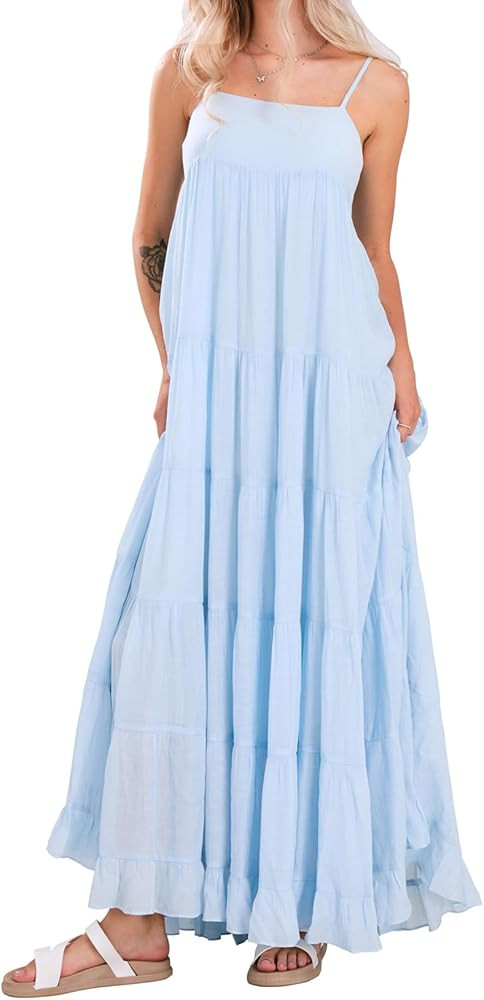 loveimgs Women Summer Spaghetti Strap Smocked Maxi Dress Tiered Ruffle Sleeveless Long Flowy Dres... | Amazon (US)