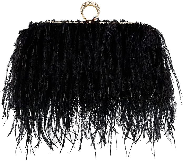 Zakia Real Natural Ostrich Feather Evening Clutch Shoulder Bag Party Bag (A-Black): Handbags: Ama... | Amazon (US)