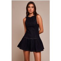 Indigo Racer Neck Pleated Denim Mini Dress | PrettyLittleThing US