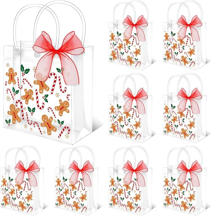 FYSUIMU 12 Pcs Christmas Clear PVC Gift Bags with Handles Ribbon Gingerbread Man Candy Cane Party... | Amazon (US)