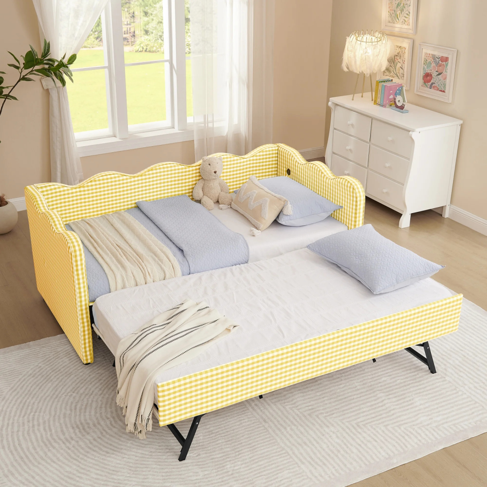 Twin Gingham Daybed with Trundle & USB Port, Linen Fabric Wave Shaped Sofa Bed, No Box Spring Req... | Walmart (US)